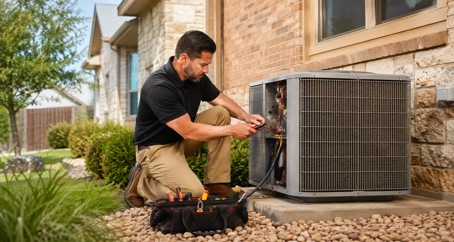 HVAC technician in a black shirt and khaki pants servicing an outdoor air-conditioning unit